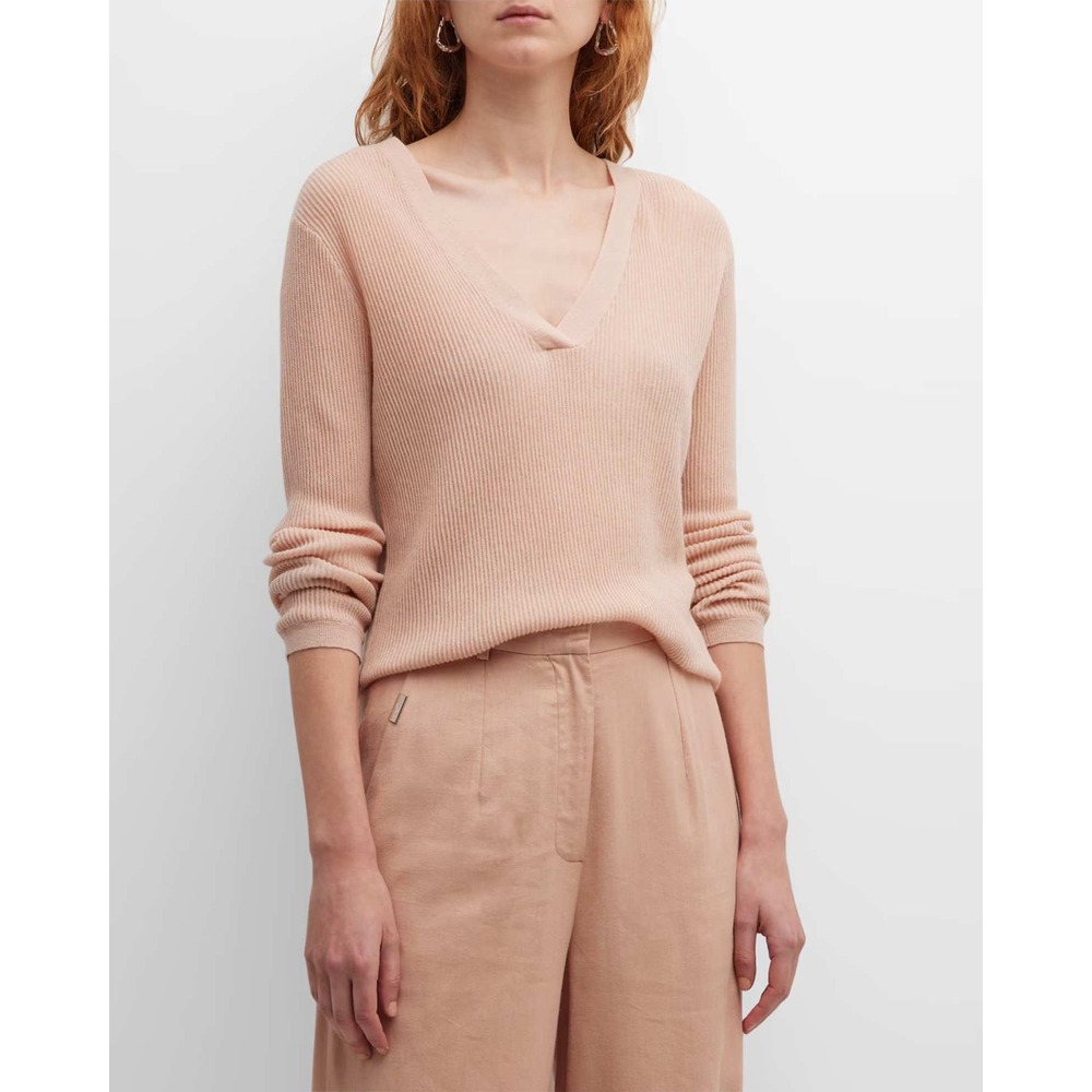 Grey/Ven Haldane Ribbed V-Neck Wool-Cashmere Sweater Blush size medium